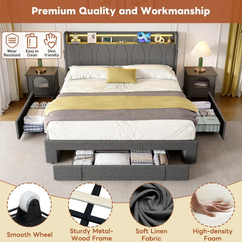 4ft6 Double Upholstered Bed with 3 Drawers, Charging Station, Sturdy Headboard with App-controlled RGB LED, 213L x 142W x 106H cm, Grey