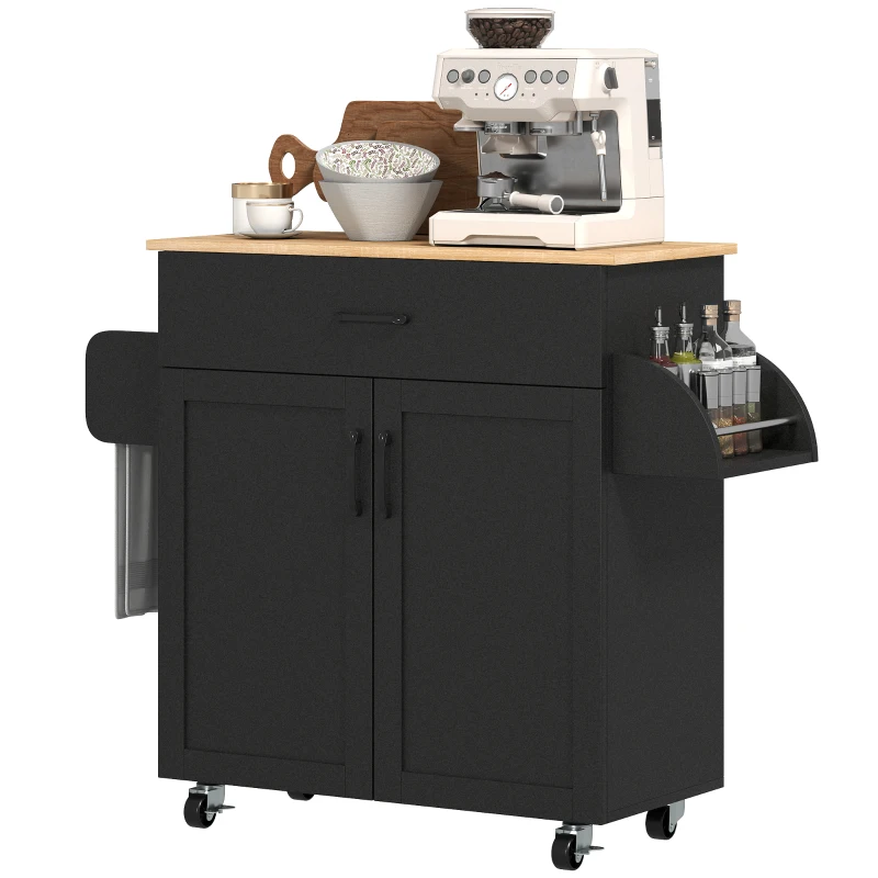 HOMCOM Carrinho de Cozinha 105x36x85 cm 1 Gaveta 2 Portas Prateleira Ajustável Preto