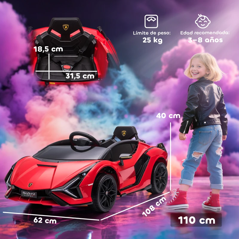 HOMCOM Coche Eléctrico para Niños de +3 Años Lamborghini SIAN Coche de Batería 12V con Mando a Distancia Apertura de Puerta Música MP3 USB y Faros 3-5 km/h 108x62x40 cm Rojo