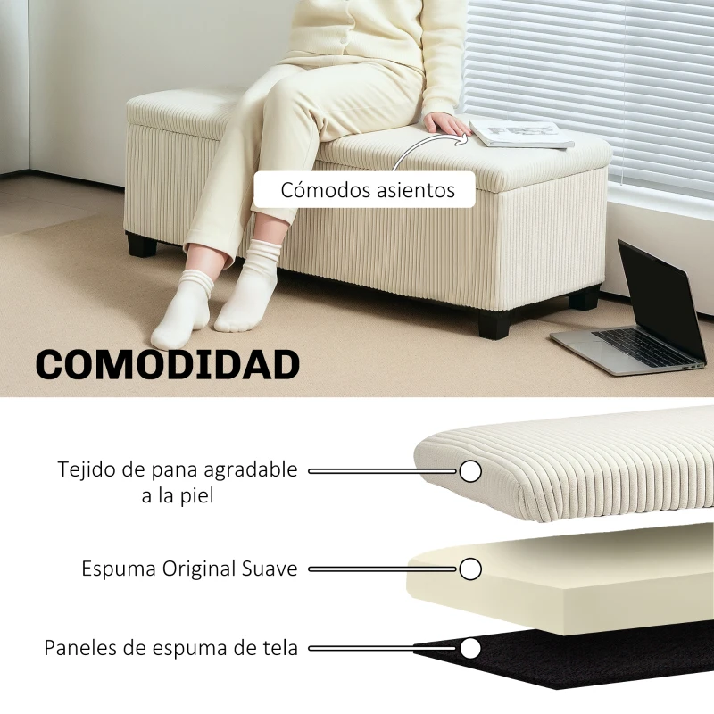 HOMCOM Banco Almacenaje Capacidad de 84 L 112x42x40cm Tapizado en Pana Pie de Cama para Sala de Estar Dormitorio Beige