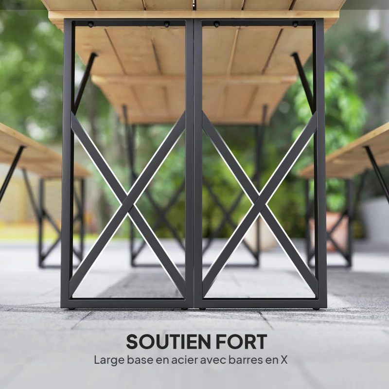 Outsunny Conjunto Mesa 160 cm + 2 Bancos para 4-6 Pessoas Furo para Guarda-Sol Castanho