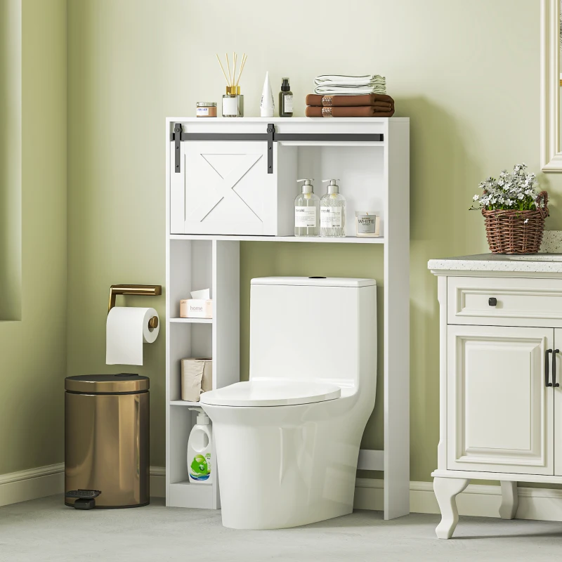 HOMCOM Meuble de rangement au-dessus des toilettes avec porte coulissante, Meuble étagère dessus WC, étagère réglable, blanc