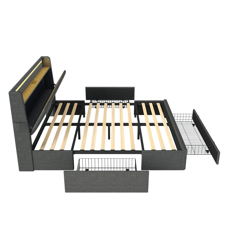 4ft6 Double Upholstered Bed with 3 Drawers, Charging Station, Sturdy Headboard with App-controlled RGB LED, 213L x 142W x 106H cm, Grey