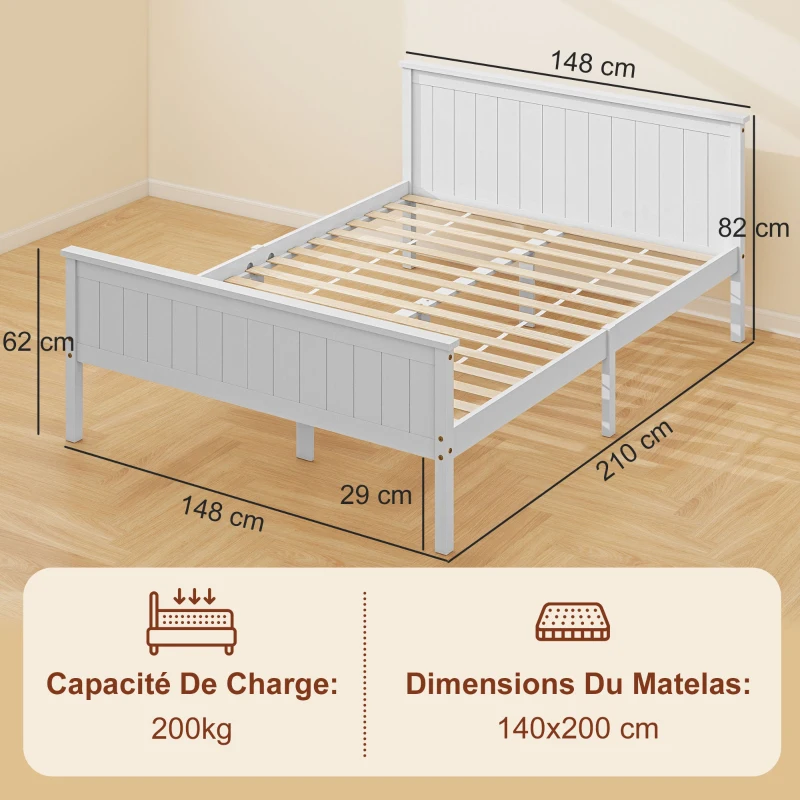 HOMCOM Estrutura de Cama 150x210 cm Cama Individual em Pinho Maciço com Ripas 29 cm de Arrumação Branco