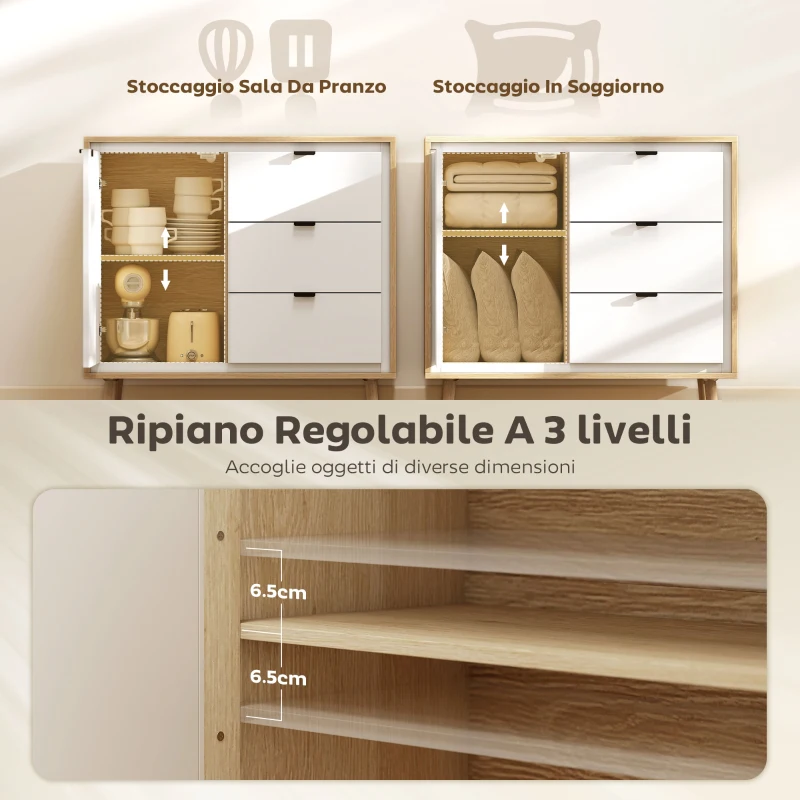 HOMCOM Credenza Moderna con 3 Cassetti e Armadietto, Ripiano Interno Regolabile e Ante Lucide, Bianco e Rovere