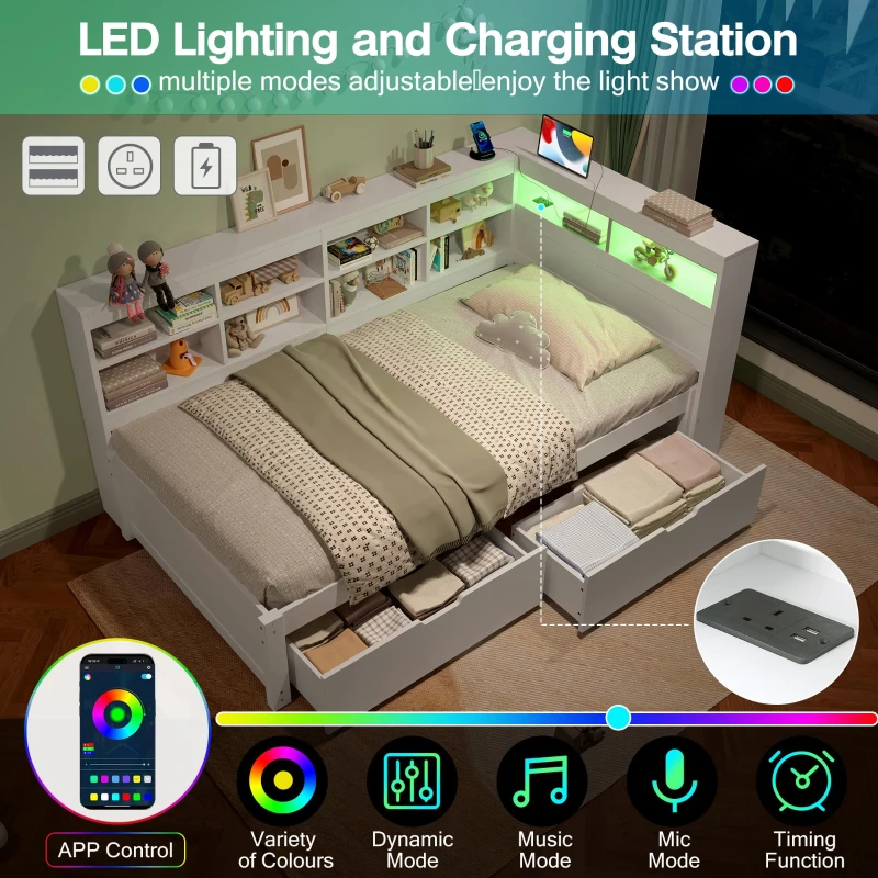 3ft Single Daybed with 2 Storage Drawers, Integrated Headboard Storage, Sturdy Wood Frame for Compact Room, 213L x 117W x 93H cm, White