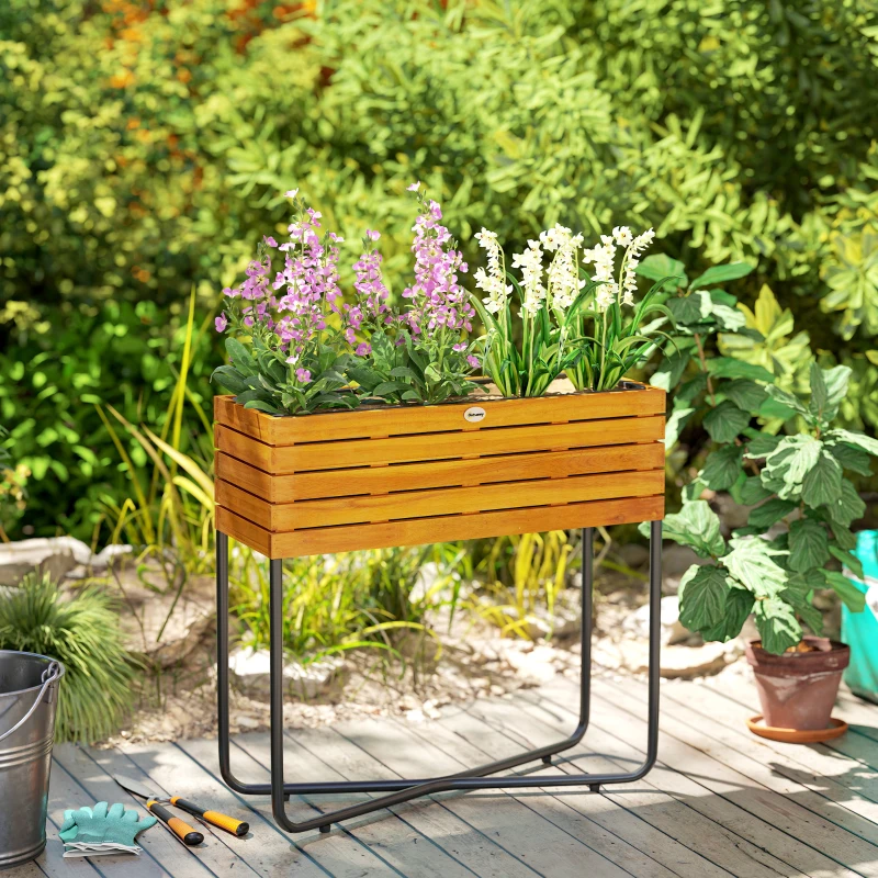 Outsunny Jardineira Elevada em Madeira de Acácia 62x22,5x61 cm com Drenagem Efeito Madeira Natural