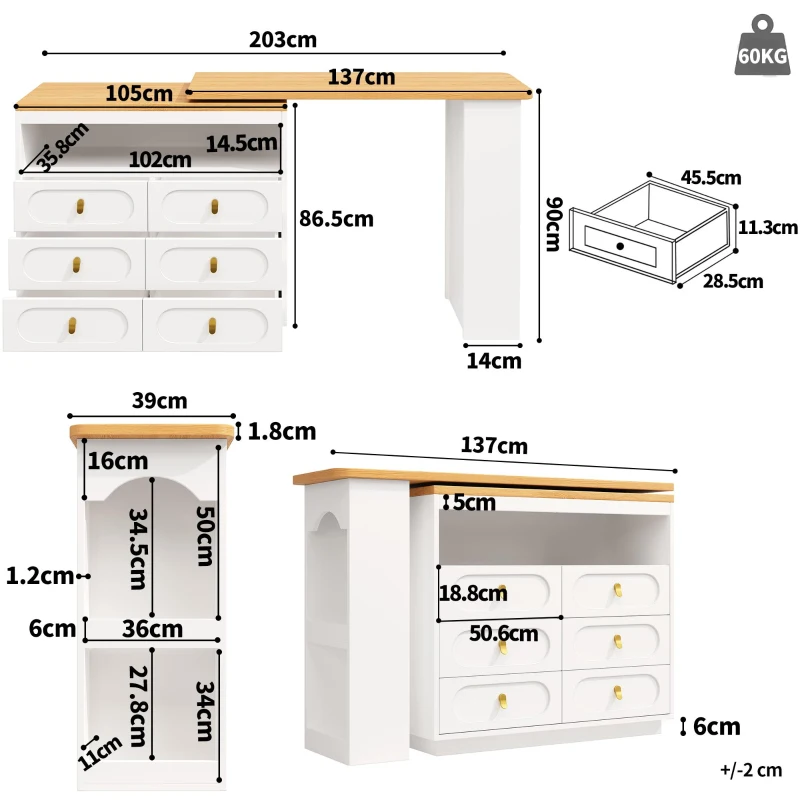 360° Rotating Bar Table with Rotating Side Table, Double-Layer Spice Rack, Extendable Kitchen Island with 6 Drawers, 137L x 39W x 90H cm, White