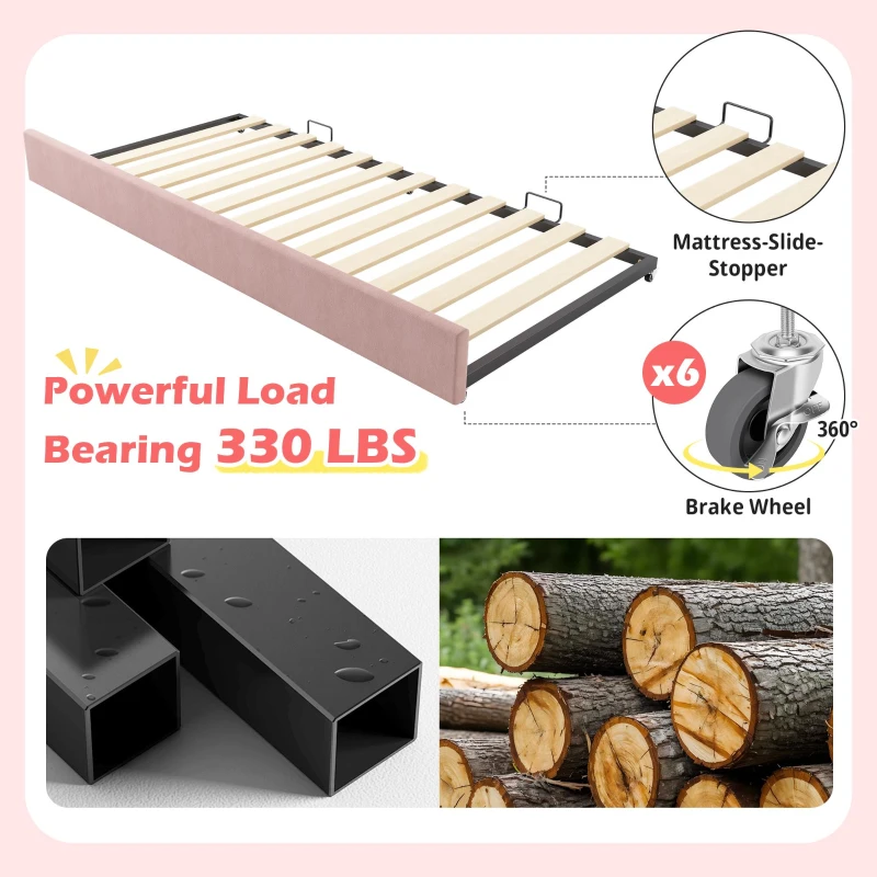 Upholstered Daybed with Pull-Out Trundle, Iron Frame and 2 U‑Shaped Bars, Bed Frame with Thick Foam Backrest, 197L x 99W x 70H cm, Pink