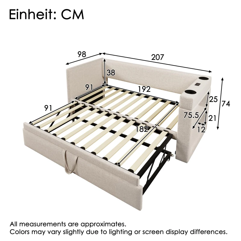 3ft Upholstered Daybed With Cup Holders, 3 USB and Type‑C Charging Ports, Single Sofa Bed for Compact Room, 207L x 98W x 74H cm, Beige