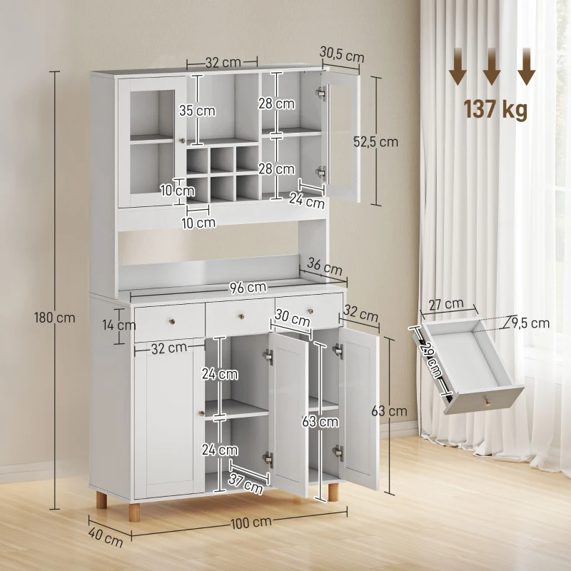 HOMCOM Credenza cucina 180 cm con 2 ante in vetro, 3 cassetti, 4 ripiani regolabili, Bianco