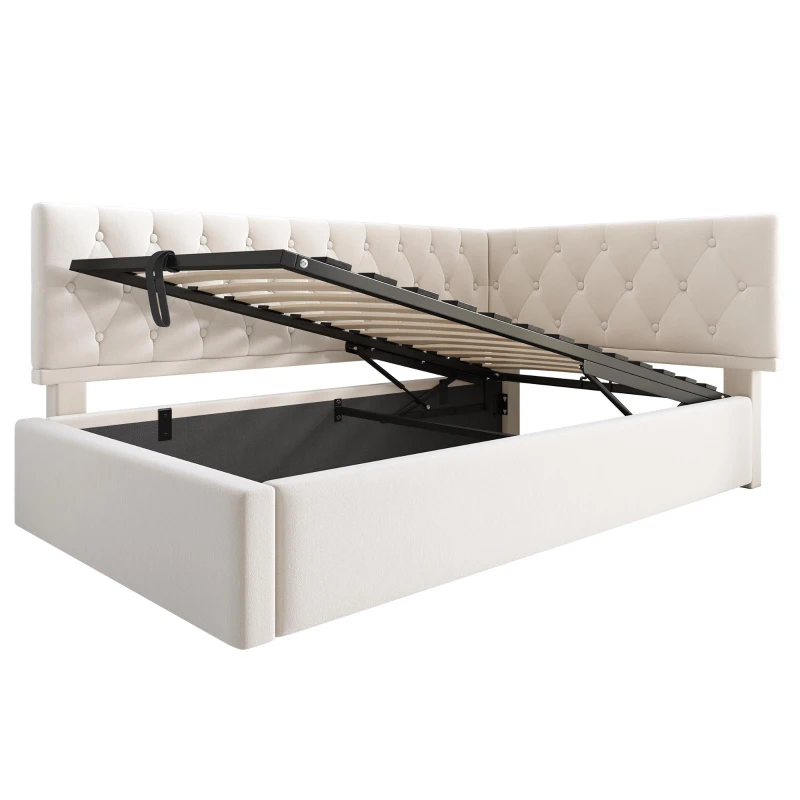 Daybed Upholstered Single Sofa Bed with Hydraulic Ottoman Storage, Bed Frame with Reversible Headboard, 196L x 100W x 77H cm, Beige