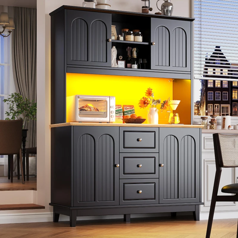 Tall Kitchen Sideboard Cabinet with App-Controlled Changing LED Lighting, Cupboard with Open Display Shelf, 120L x 40W x 180H cm, Black
