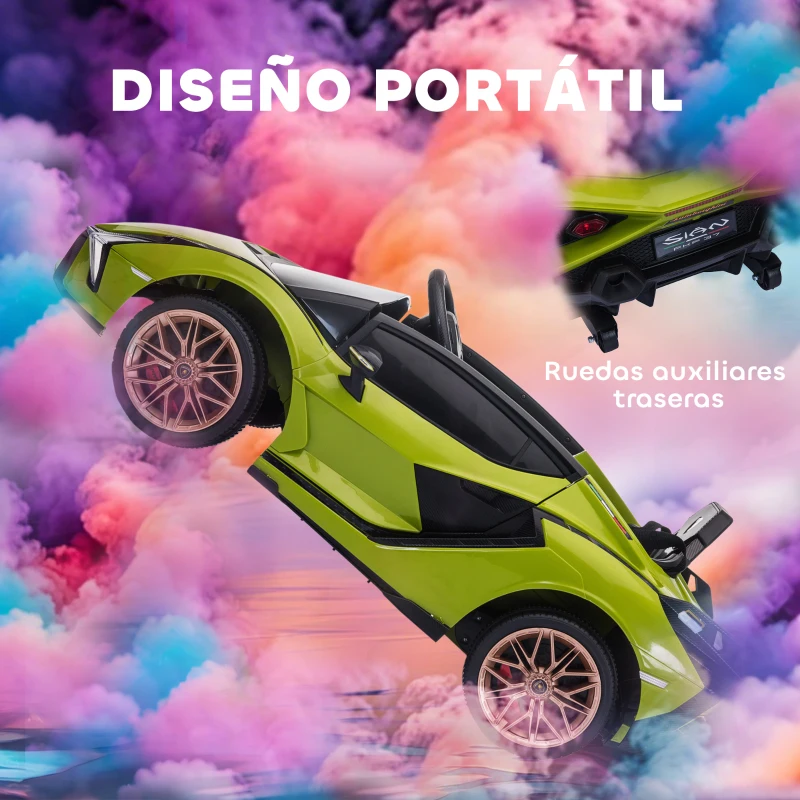 HOMCOM Coche Eléctrico para Niños de +3 Años Lamborghini SIAN Coche de Batería 12V con Mando a Distancia Apertura de Puerta Música MP3 USB y Faros 3-5 km/h 108x62x40 cm Verde