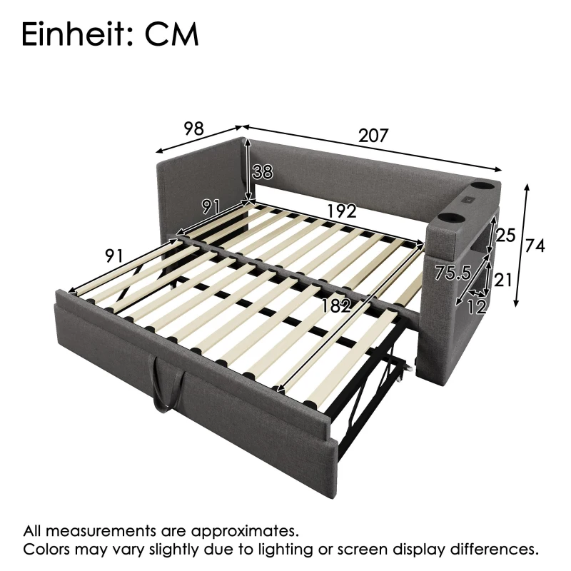 Upholstered Daybed with Pull-out Trundle and Built-in Cup Holders, Bed Frame with Armrests and Side Storage, 207L x 98W x 74H cm, Grey