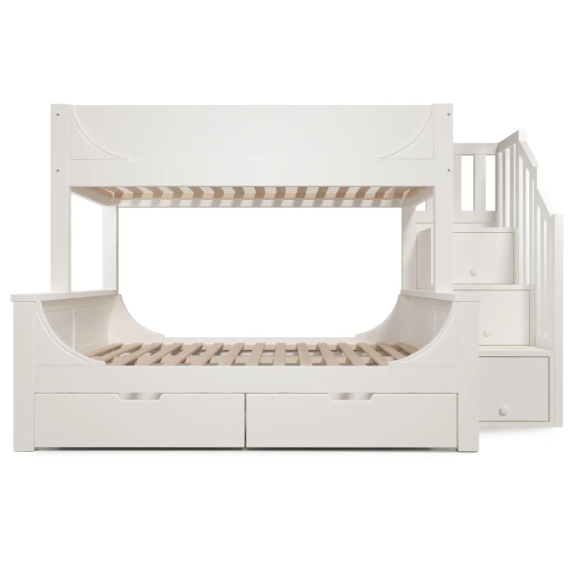 Children's Bunk Bed with Under-bed Pull-out Drawer, Ladder Cabinet Storage, Staircase Sleeper for Living Room, 246L x 141W x 150H cm, White