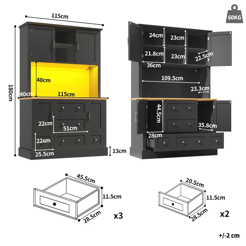 Tall Kitchen Cabinet with Open Middle Shelf and Five Drawers, Large Storage Cupboard for Dining Room, 115L x 40W x 180H cm, Black