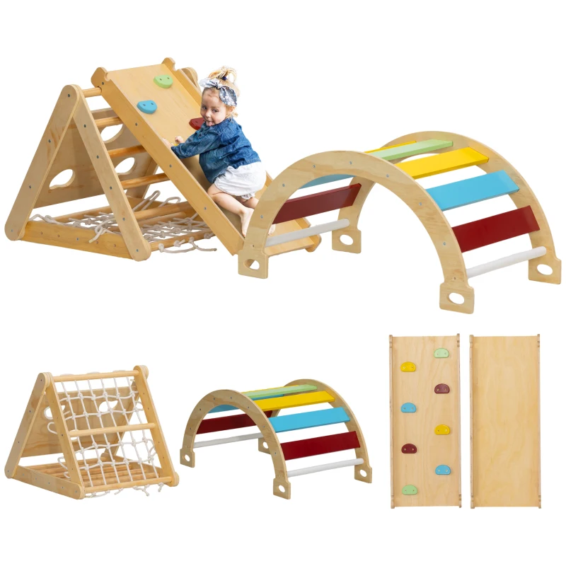 AIYAPLAY Set da arrampicata 7-in-1 per bambini, in legno con scivolo, Multicolore