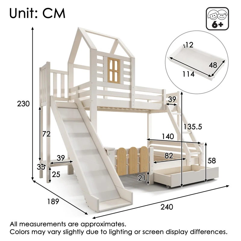 3-in-1 Cabin-style Bunk Bed with Slide and Storage Drawer, Solid Wood and MDF Frame, Durable Sleeper for Kids, 240L x 189W x 230H cm, White