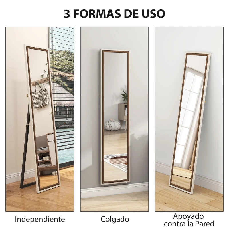 HOMCOM Espejo de Cuerpo Entero 157x37 cm con Marco Bicolor Espejo de Pie Inclinado o Colgante Blanco y Marrón