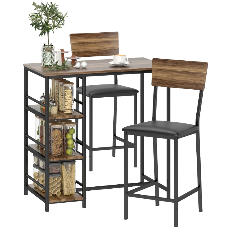 HOMCOM Mesa alta 3 estantes y 2 taburetes con reposapiés y respaldo, nogal/negro