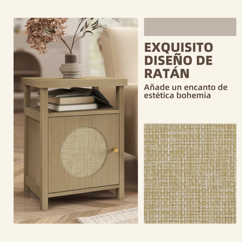 HOMCOM Mesita de Noche con Puerta de Ratán Mesilla de Noche con Estante Abierto y Compartimento 40x35x55 cm Madera Natural