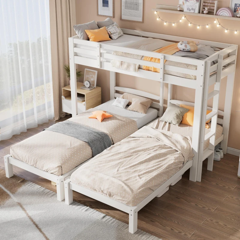 Triple Bunk Bed Space-Saving SleeperSide with Ladder and Bedside Storage, Bed Frame with Safety Rails, 204L x 198W x 162.5H cm, White