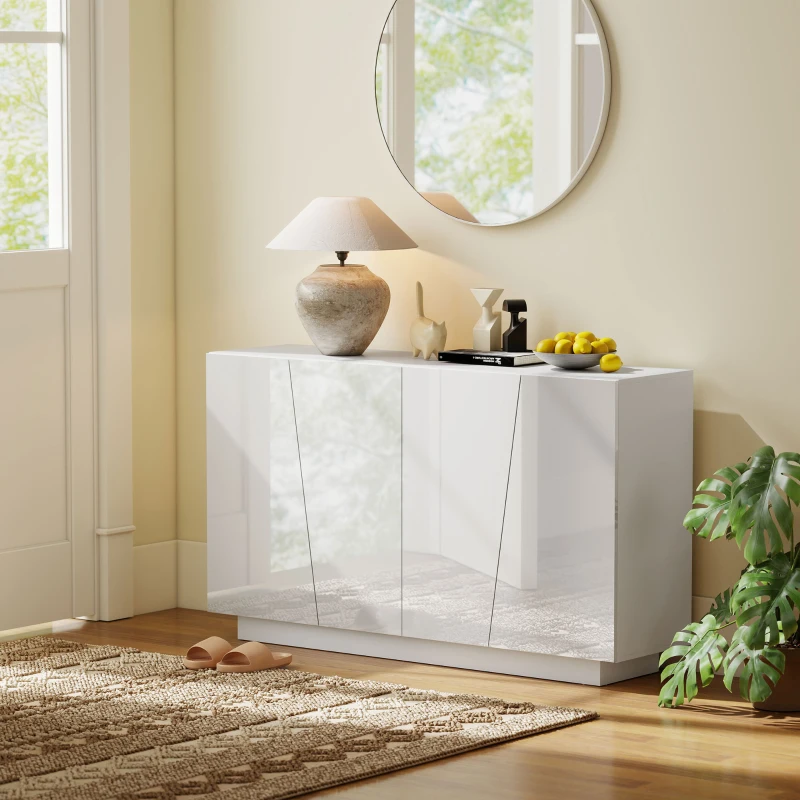 HOMCOM Armário Branco Brilhante 150x40x88 cm Portas Geométricas e Prateleira Ajustável