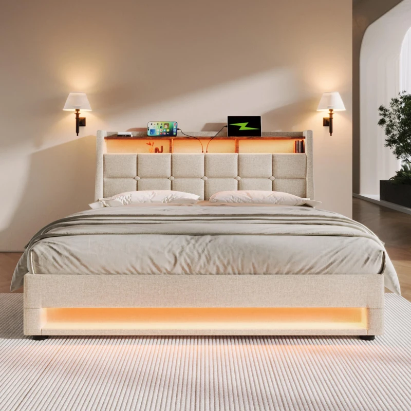 Upholstered Double Bed with LED Lighting and USB‑C Charging Station, Bed Frame with Padded Headboard, 200L x 140W x 117H cm, Beige