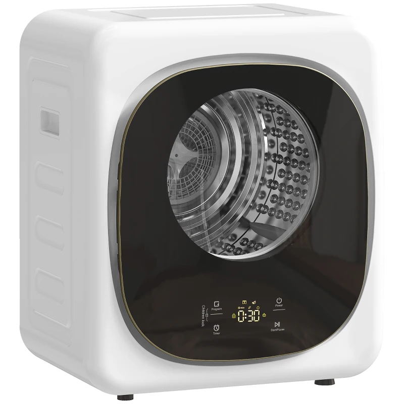 HOMCOM 4kg Vented Tumble Dryer, 800W Compact Freestanding Front Tumble Dryer with 5 Drying Mode, Smart Sensor, Timer and Stainless Steel Tub, Wall-Mounted Portable Small Clothes Drying Machine, White