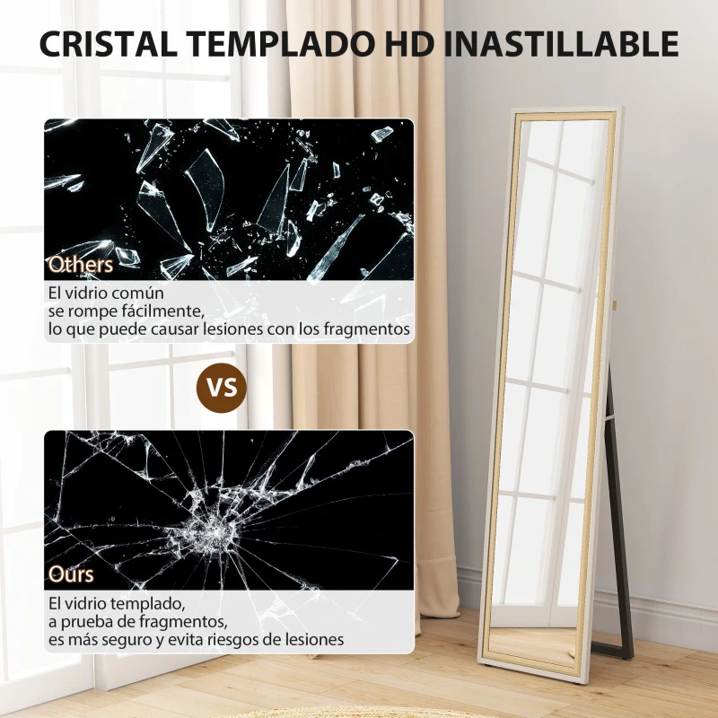 HOMCOM Espejo de Cuerpo Entero 157x37 cm con Marco Bicolor Espejo de Pie Inclinado o Colgante Blanco y Natural