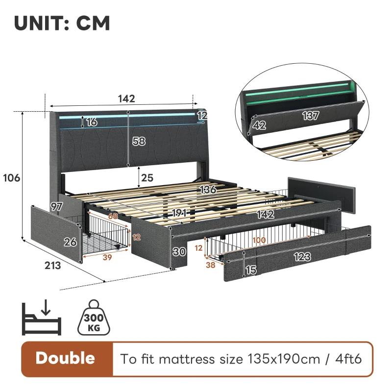 4ft6 Double Upholstered Bed with 3 Drawers, Charging Station, Sturdy Headboard with App-controlled RGB LED, 213L x 142W x 106H cm, Grey