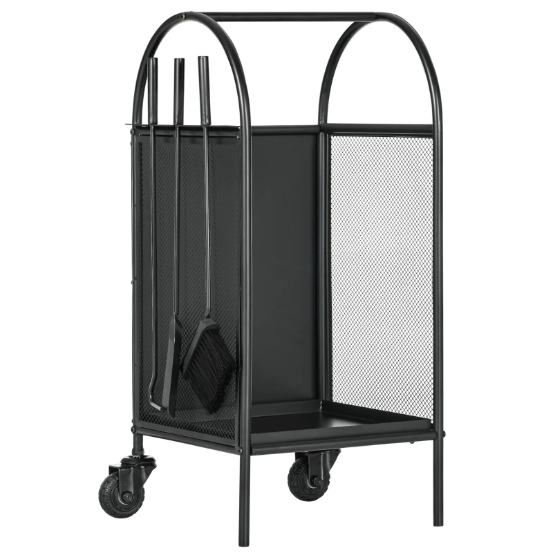 Outsunny Suporte para Lenha com Rodas e Kit de Acessórios (Pá Vassoura Atizador) 37,5x37,5x80 cm Preto