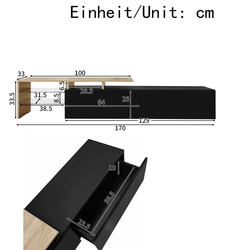 Modern TV Cabinet with LED Lighting and Storage Compartments, TV Stand for Living Room, 170L x 33W x 33.5H cm, Black+Natural