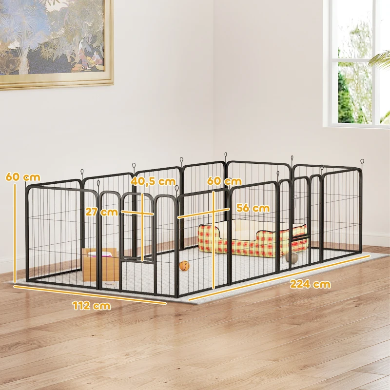PawHut Parque para Animais de Estimação com 12 Painéis 56x60 cm Dobrável em Aço com 2 Portas Preto