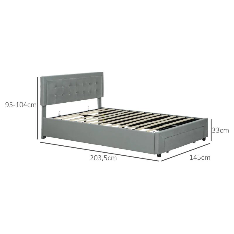 HOMCOM Cama de Casal 140x200 com Baú e Gaveta Cabeceira Reclinável Estofada Cinza Claro