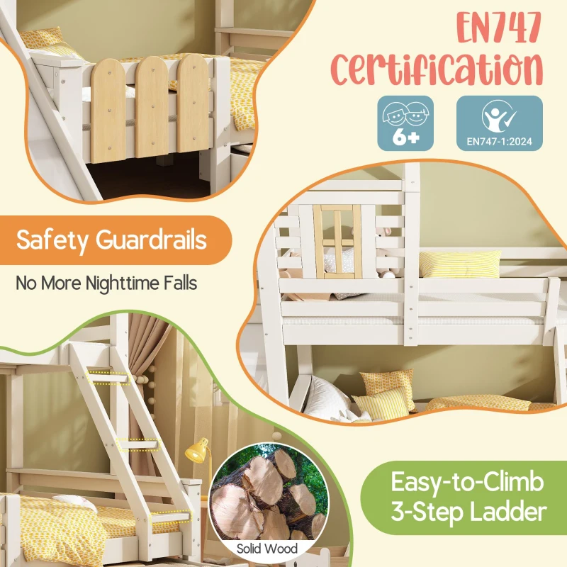 3-in-1 Cabin-style Bunk Bed with Slide and Storage Drawer, Solid Wood and MDF Frame, Durable Sleeper for Kids, 240L x 189W x 230H cm, White