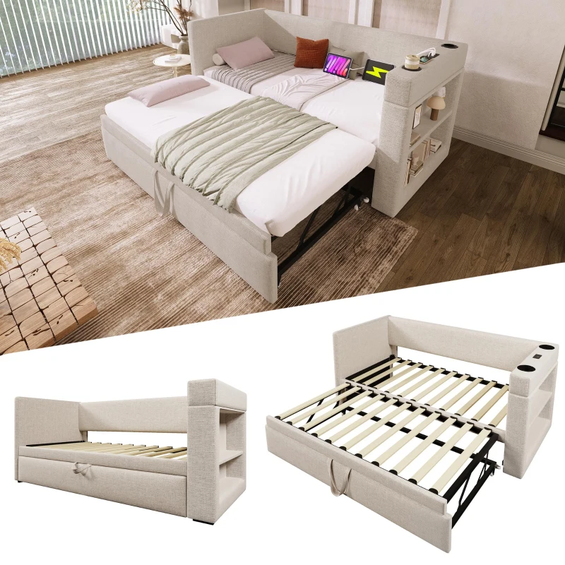 3ft Upholstered Daybed With Cup Holders, 3 USB and Type‑C Charging Ports, Single Sofa Bed for Compact Room, 207L x 98W x 74H cm, Beige