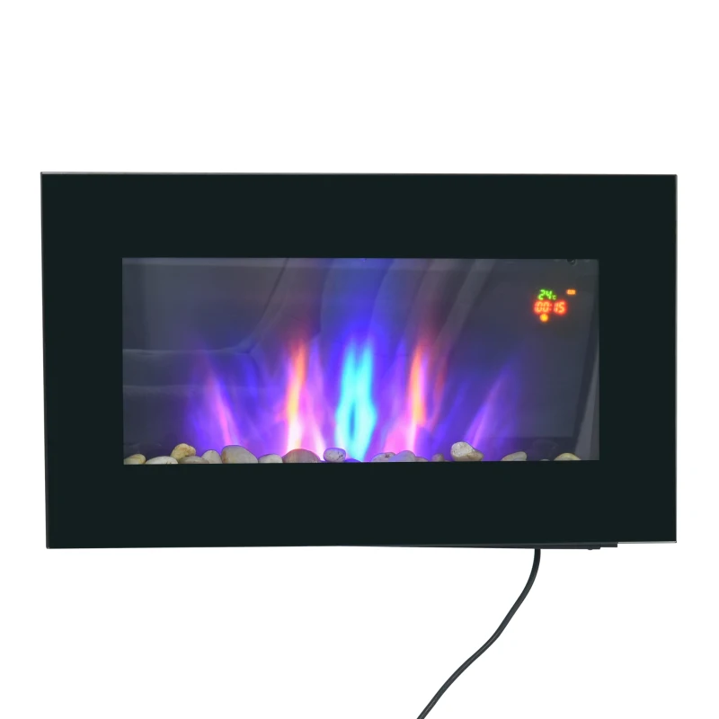 Șemineu electric de perete HOMCOM 1000/2000 W, efect flacără LED 7 culori, 72,5 x 11,5 x 40 cm, negru