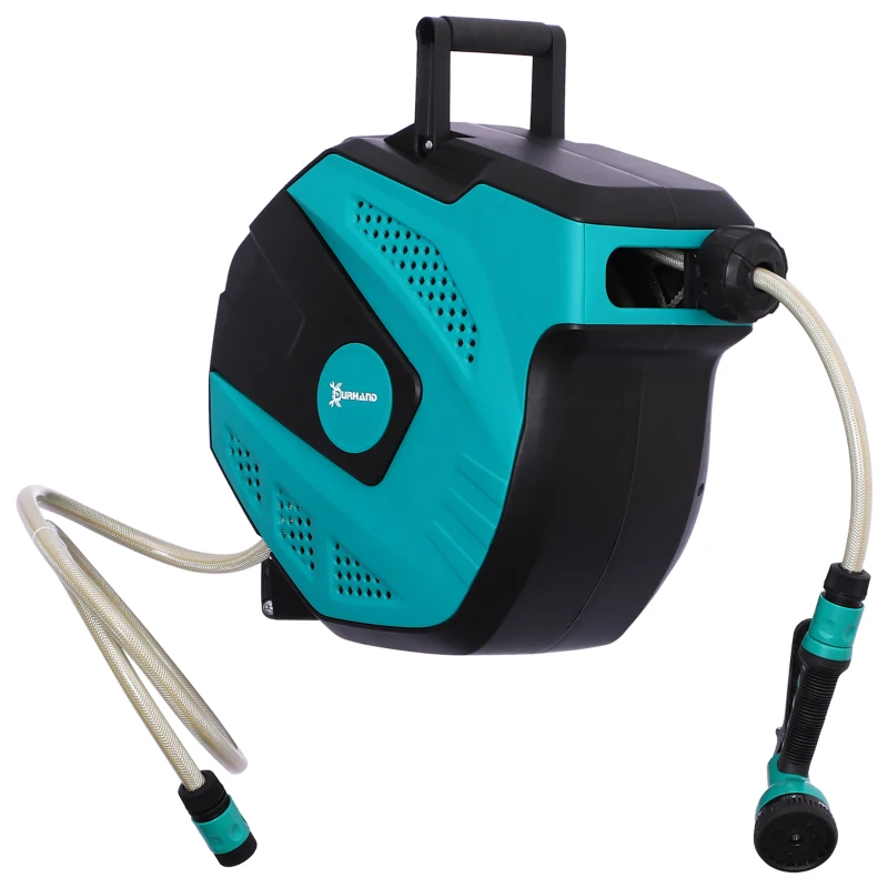 Durhand Enrolador de Parede Automático 180° com Mangueira 15 + 1,5 m e Pistola 7 Modos Preto e Verde