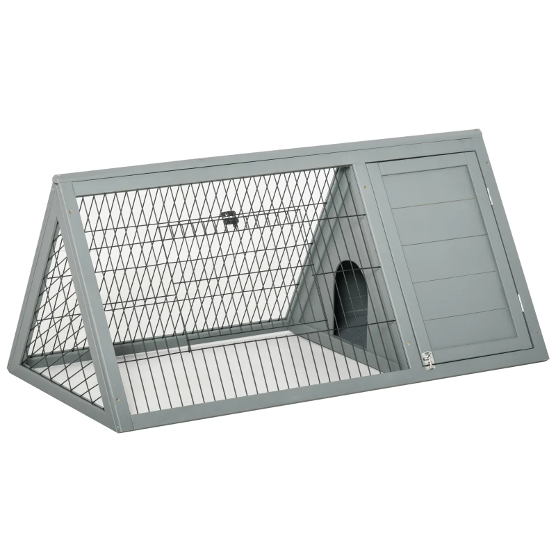 PawHut Clapier triunghiular dublu pentru iepuri cu țarc exterior și căsuță, lemn brad, gri — 116 x 62,2 x 52,5 cm