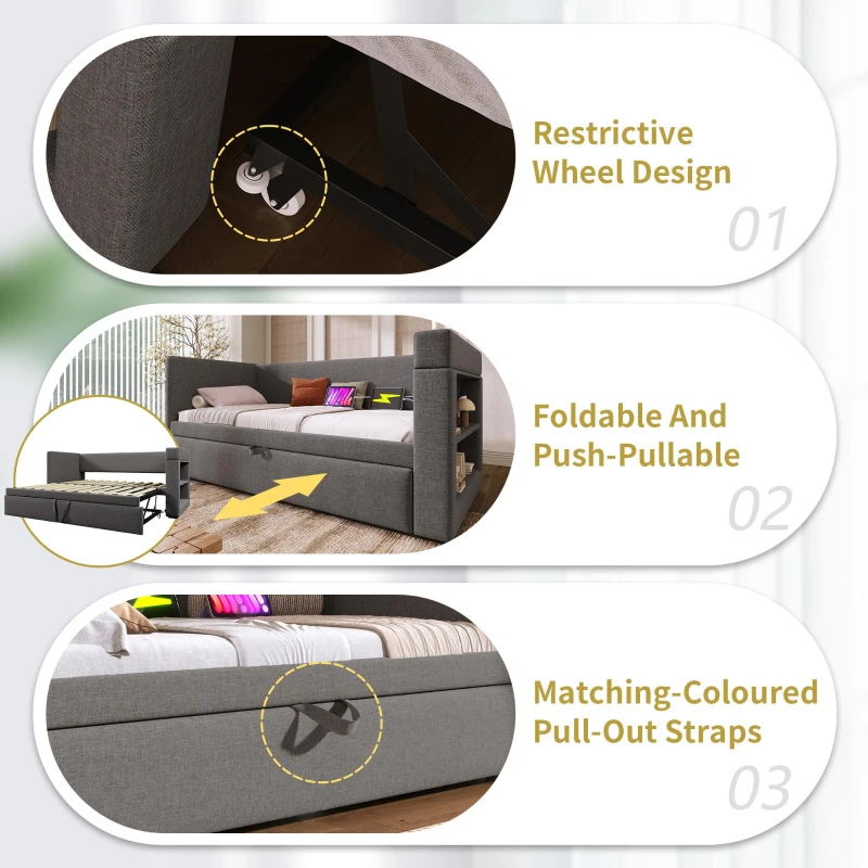 Upholstered Daybed with Pull-out Trundle and Built-in Cup Holders, Bed Frame with Armrests and Side Storage, 207L x 98W x 74H cm, Grey