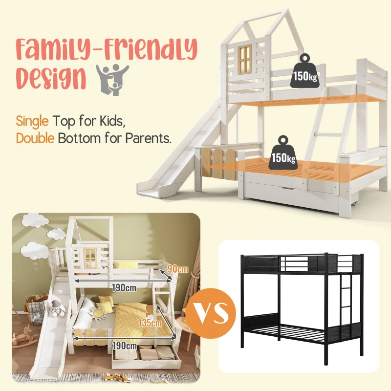 3-in-1 Cabin-style Bunk Bed with Slide and Storage Drawer, Solid Wood and MDF Frame, Durable Sleeper for Kids, 240L x 189W x 230H cm, White