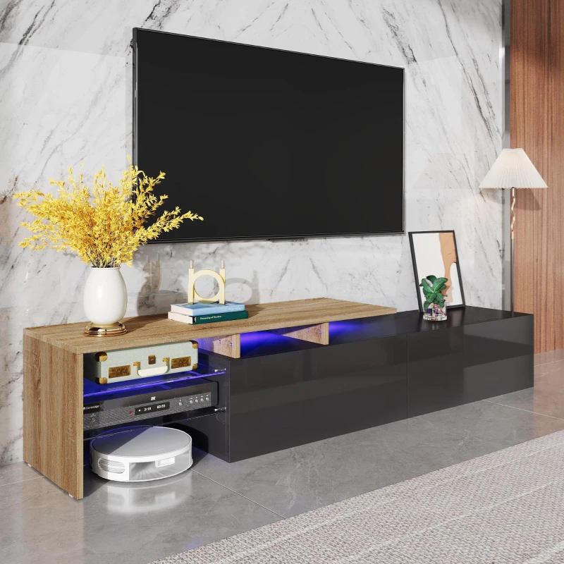 Modern TV Cabinet with LED Lighting and Storage Compartments, TV Stand for Living Room, 170L x 33W x 33.5H cm, Black+Natural