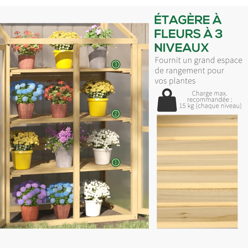 Outsunny Mini Serre de Jardin en Polycarbonate Cadre en Bois 3 étagères dim. 80L x 50l x 130H cm Double Porte Toit ouvrant Bois de Sapin lasuré Marron