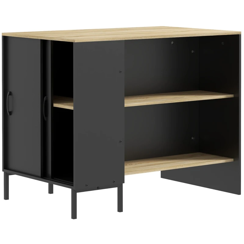 HOMCOM Balcão Auxiliar de Cozinha com 2 Prateleiras Abertas 1 Armário com Portas Deslizantes e Porta-Facas 114,5x70x90 cm Preto