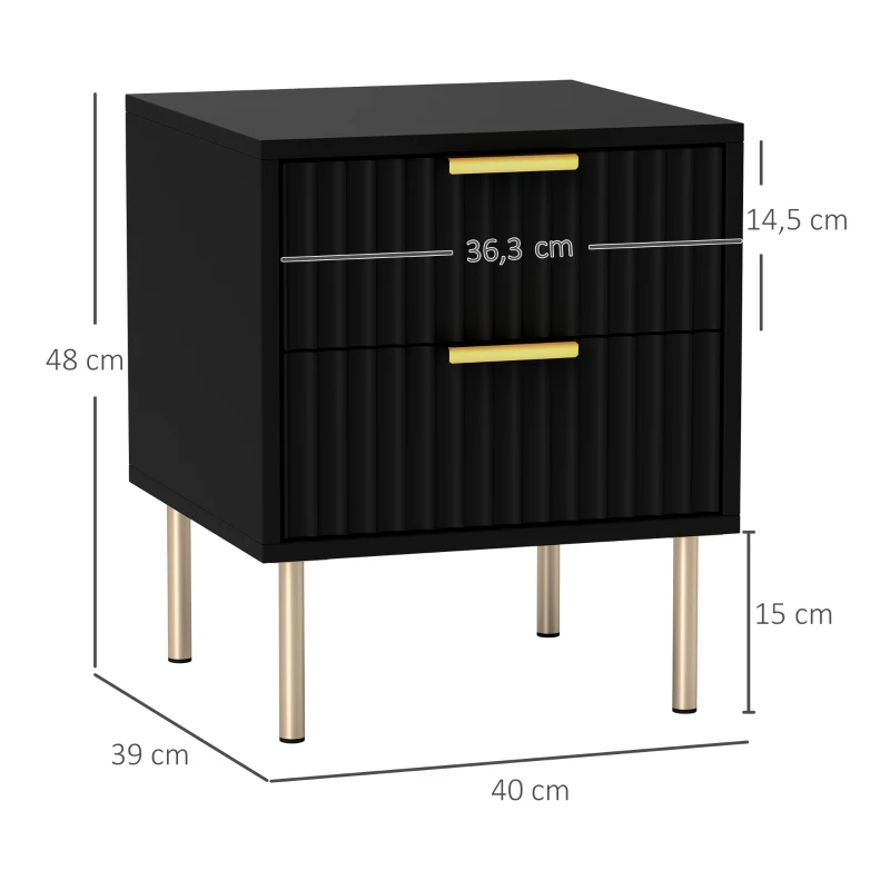 HOMCOM Mesa de Cabeceira Canelada com 2 Gavetas 40x39x48 cm Preto