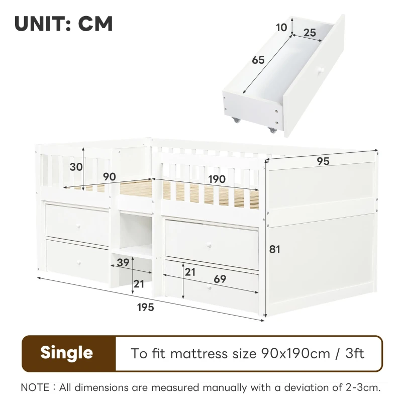 Low Loft Bed with 4 Drawers, Tiered Step Compartments, Elevated Sleeper with Full-Length Guardrail, Slatted Base, 215L x 95W x 81H cm, White