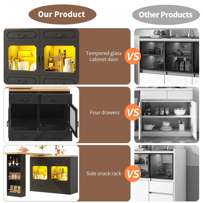 360° Rotating Bar Table with Rotatable Side and Spice Rack, Extendable Kitchen Island with 4 Drawers, 135-203L x 39W x 93H cm, Black