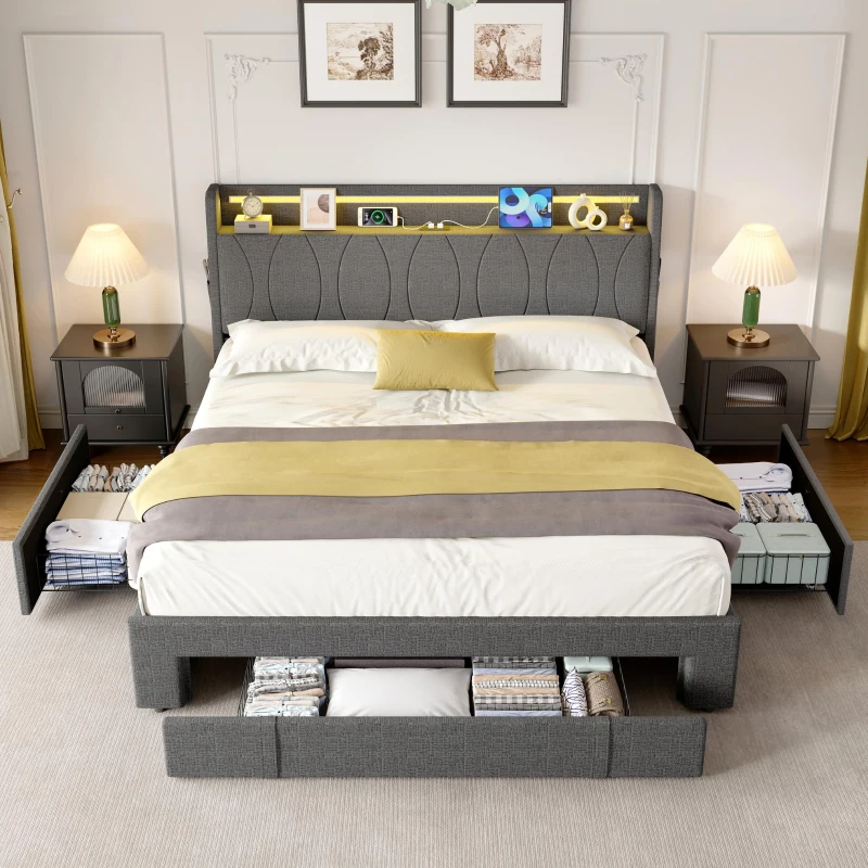 4ft6 Double Upholstered Bed with 3 Drawers, Charging Station, Sturdy Headboard with App-controlled RGB LED, 213L x 142W x 106H cm, Grey